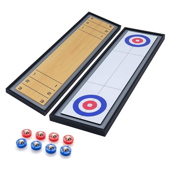 Shuffleboard and Curling 2 in 1 Board Game, Portable 2-Sided Wooden Shuffle Board and Curling Combo Game Set with 8 Rolling Pucks for Family Friends Indoor