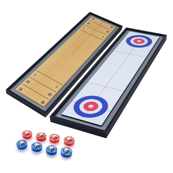 Shuffleboard and Curling 2 in 1 Board Game, Portable 2-Sided Wooden Shuffle Board and Curling Combo Game Set with 8 Rolling Pucks for Family Friends Indoor