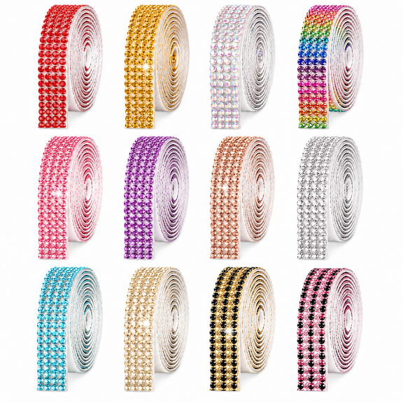 Shuimiao 12 Rolls Self Adhesive Rhinestone Ribbon, 0.35 inch x 1 Yard per Roll, 4-Row Crystal Bling Strips, Mixed Color Diamond Tape for DIY Crafts, Phone Case, Car, Shoes, Wedding Decor