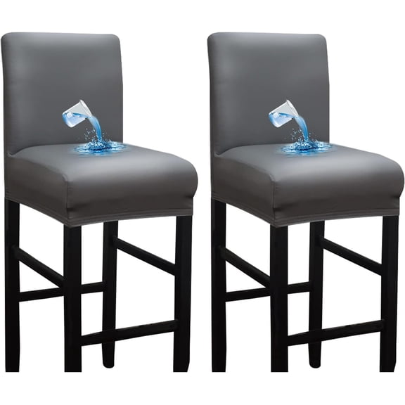 Shukii Waterproof Barstool Covers 2 Pack Stretch PU Leather Bar Stool Covers With Backs Pub Counter Stool Chair Covers Grey