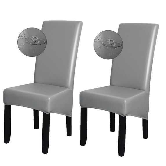 Shukii Waterproof PU Leather XL Chair Covers Stretch Dining Chair Covers Set of 2 Grey Chair Slipcovers Chair Protector Cover Universal Chair Covers for Dining Room Kitchen Hotel