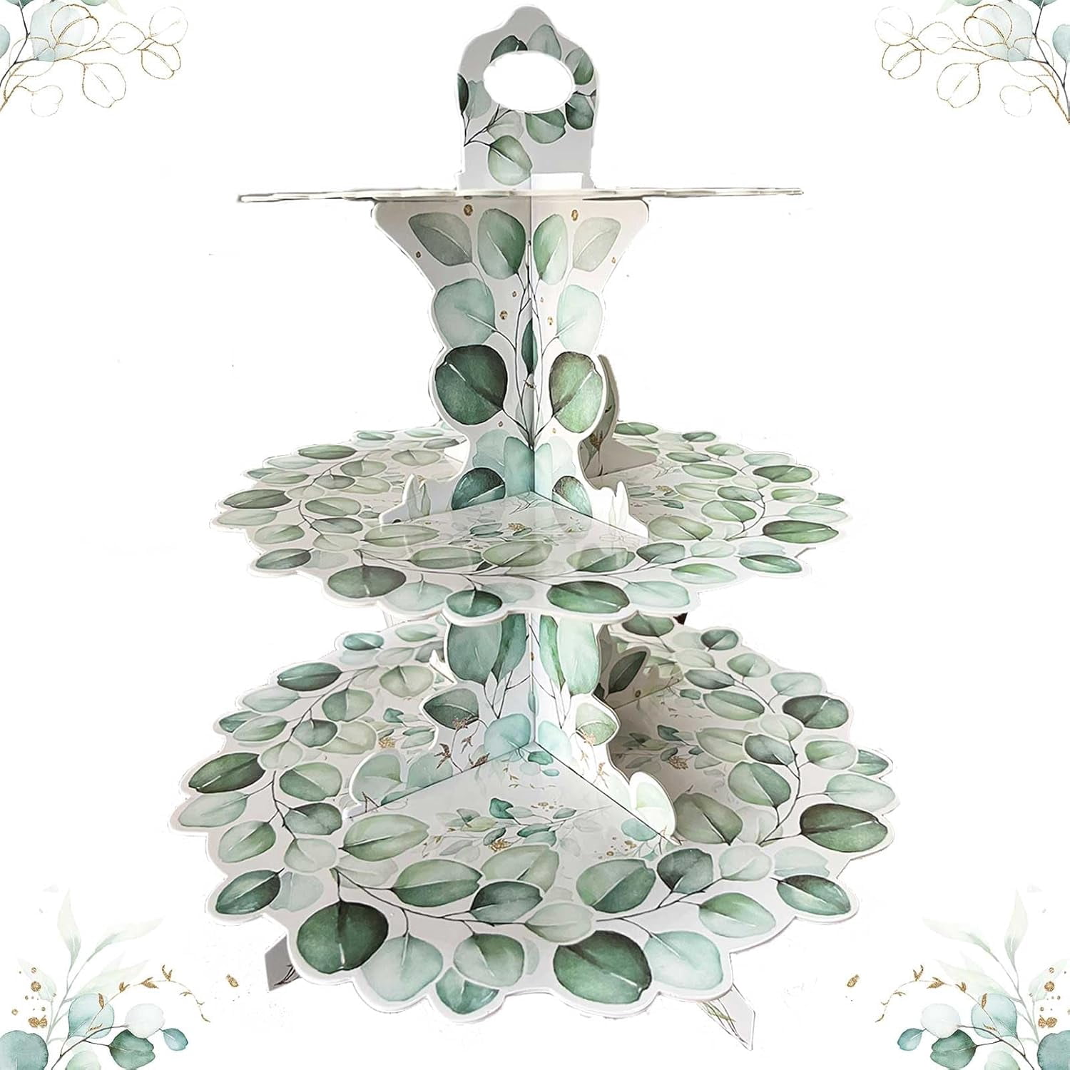 Zopeal 3-Tier Sage Greenery Cupcake Stand - Eucalyptus Leaf Dessert Tower For Boho Baby Shower, Gender Reveal, Woodland Party