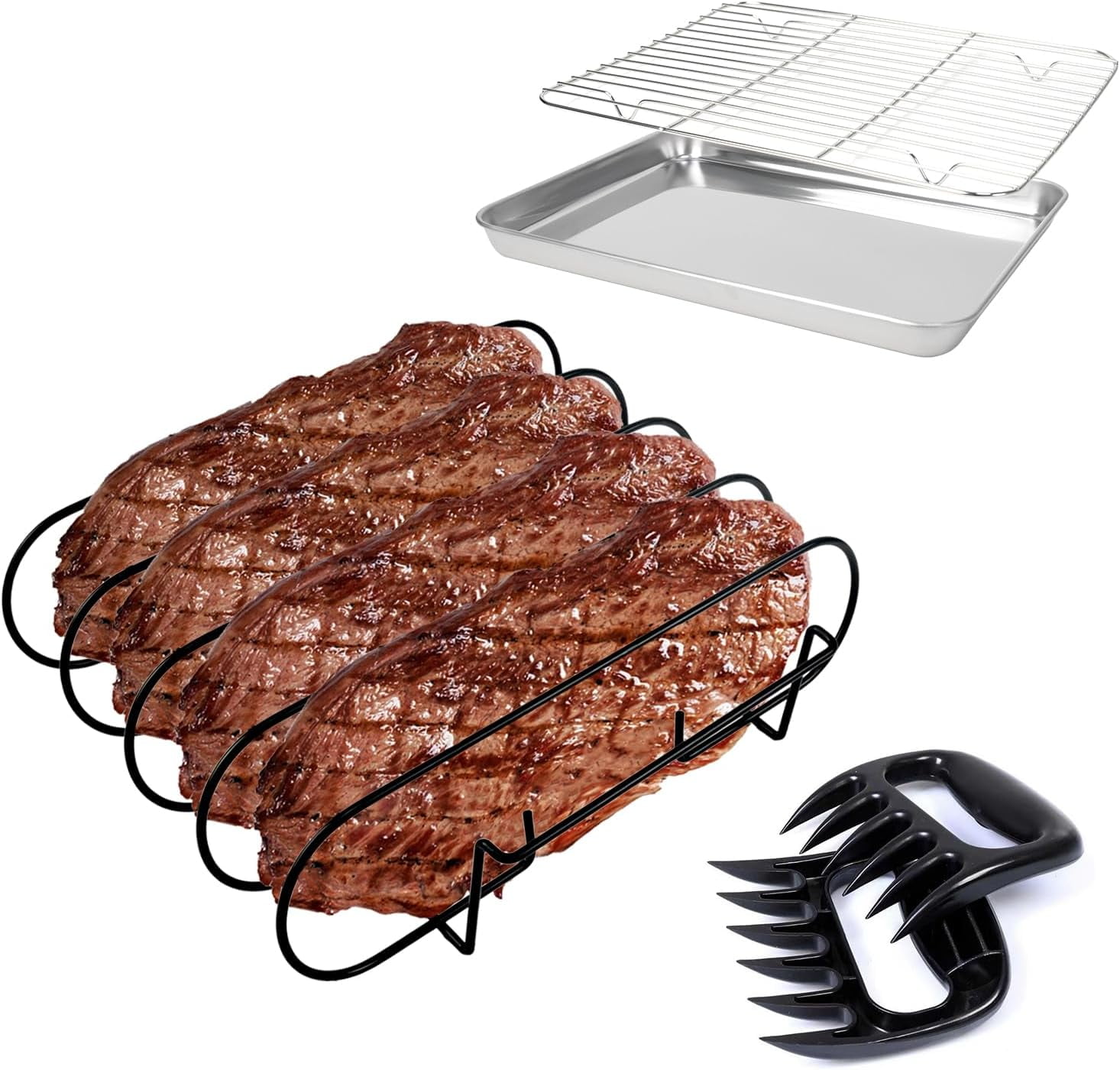 Shukong 5-Piece BBQ Set - Black Non-Stick Coated Steel Rib Rack, 2 Meat ...