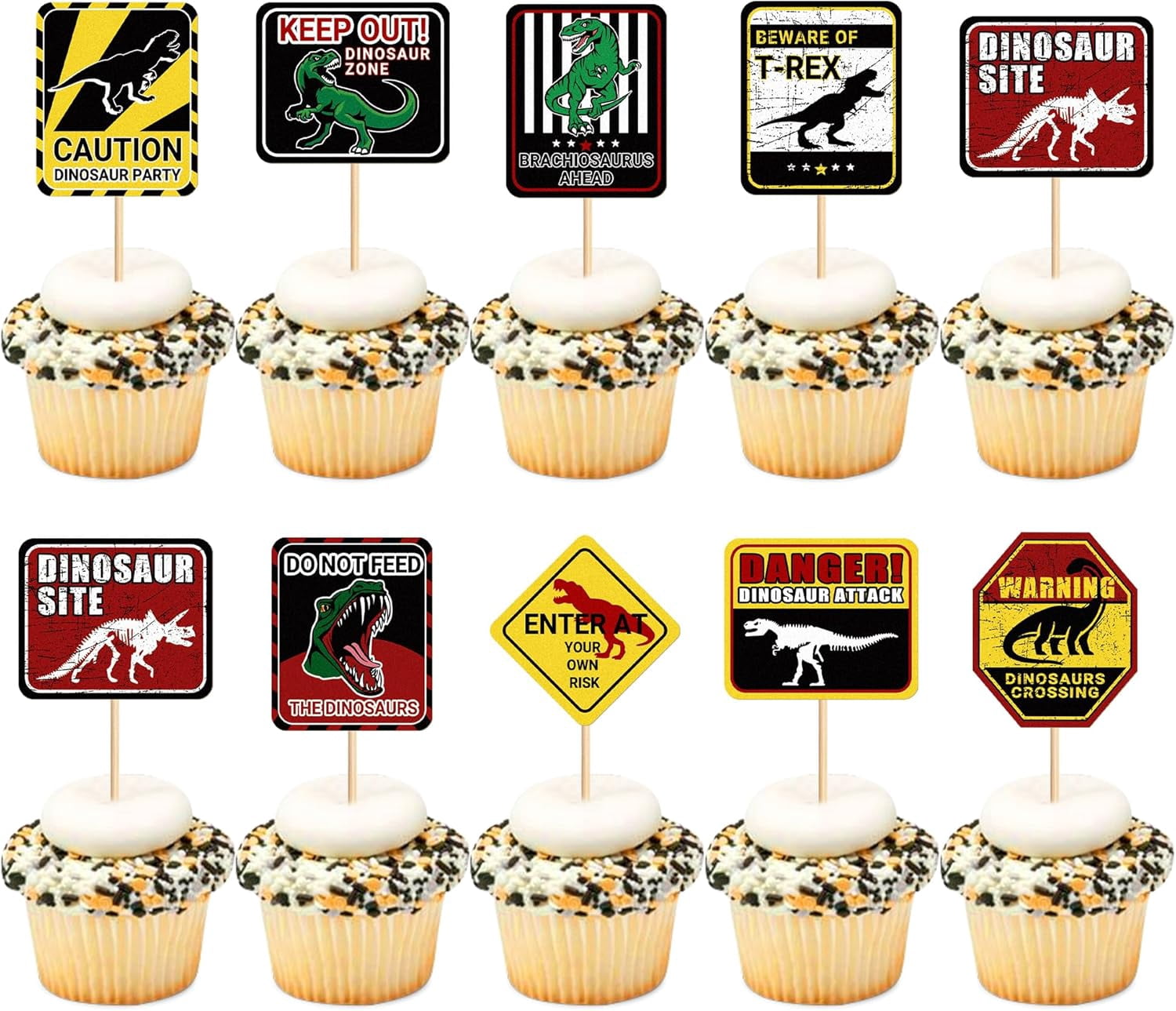 24 Pcs Dinosaur Cupcake Toppers - Glittery Dino Cake Decorations For Kids Birthday Party