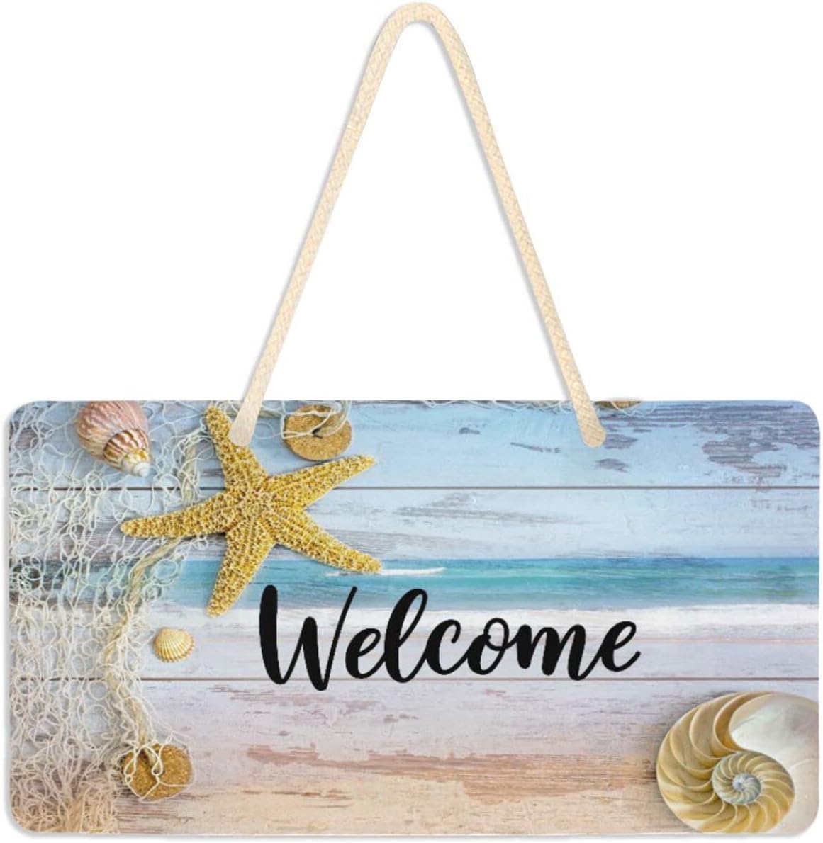 Shukong Starfish Fishnet on Wood Planks Door Sign for Front Door ...