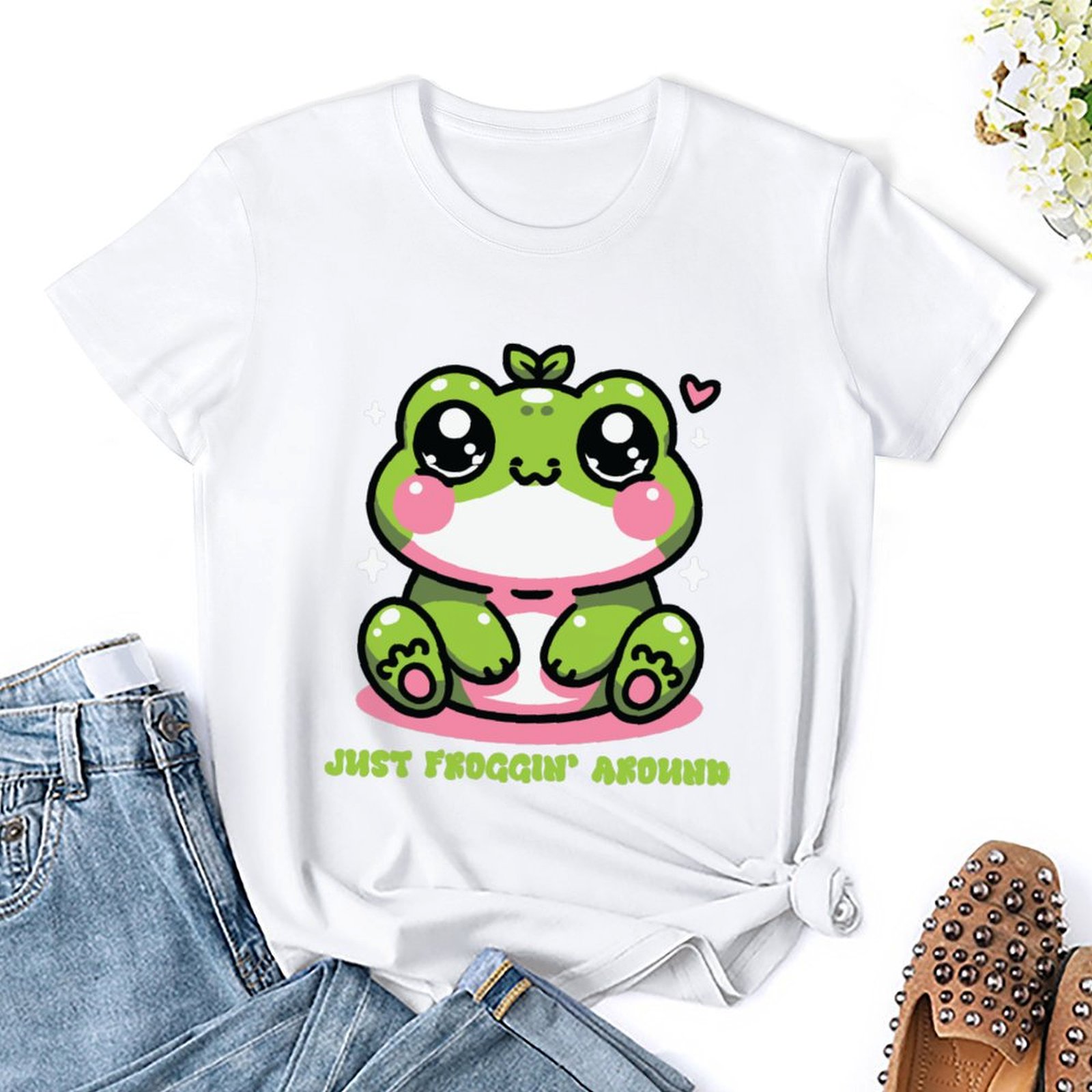 Shukong Women's White Pure Cotton Funny Frog Design TShirt S3XL