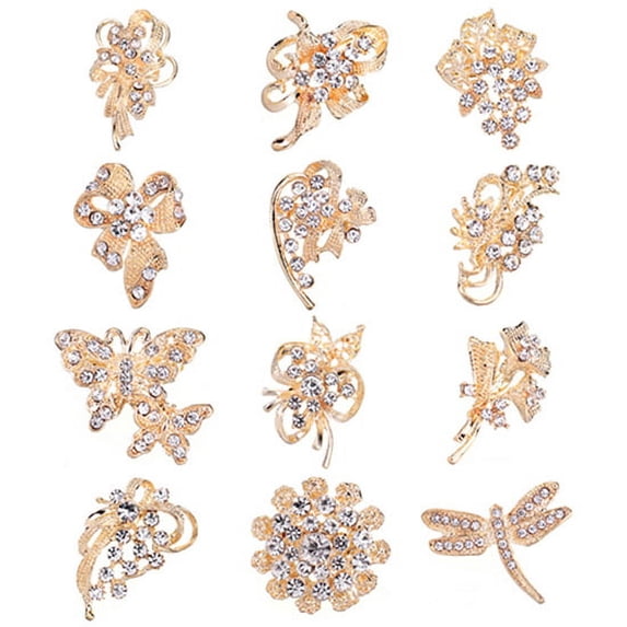 Shulemin 12Pcs Women Rhinestone Hollow Flower Butterfly Bridal Scarf Lapel Brooch Pins