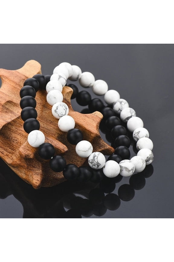 2Pcs Distance Bracelet Couple His Hers Black Matte Beads White Howlite