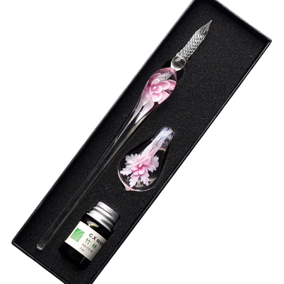 Shulemin Floral Glass Dip Pen with 5ml Ink, Fine Point, 0.79 mm, Pink Ink