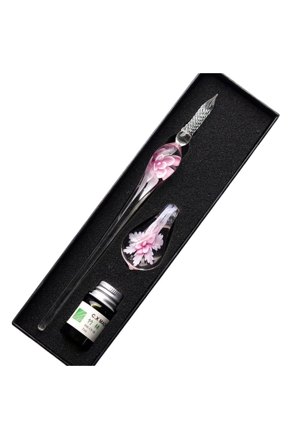 Floral Glass Dip Pen with 5ml Ink, Fine Point, 0.79 mm, Pink Ink