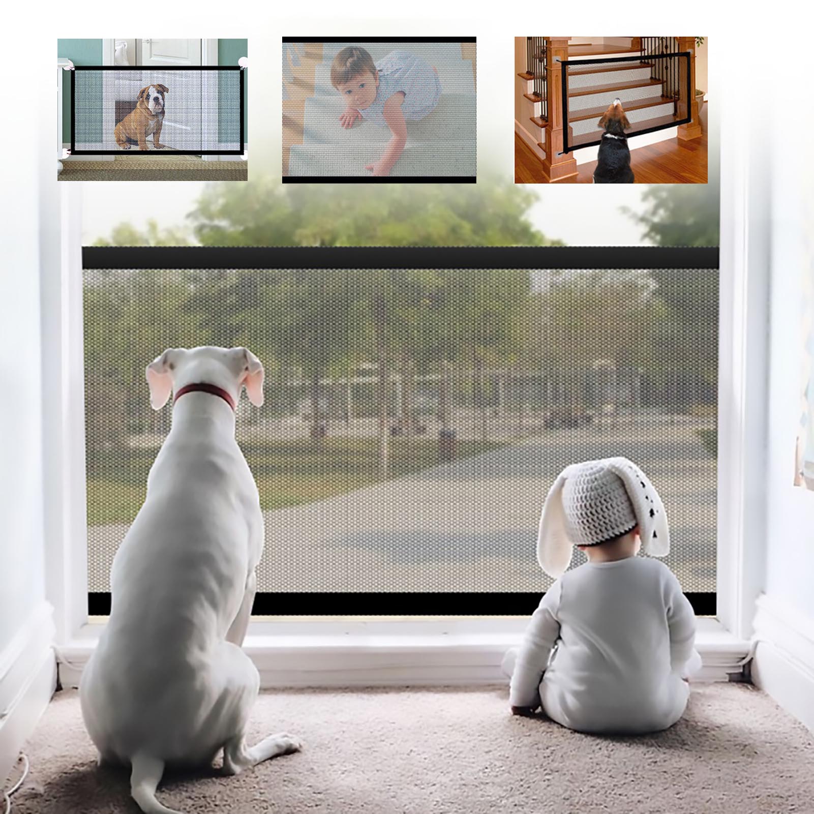 Shulemin House Doorways Stairs Retractable Folding Mesh Magic Pet Safety Gate with Sticky Hook for Dogs Baby Kids,L