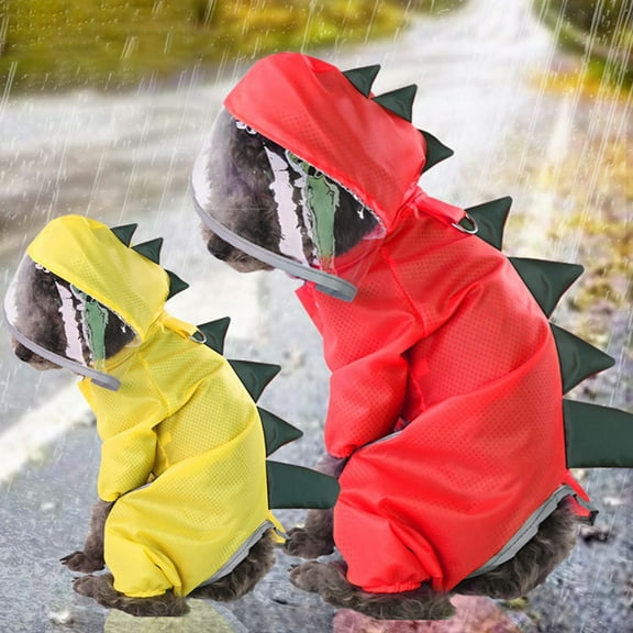 Shulemin Pet Dogs Cat Raincoat Dinosaur Jacket Rainwear Waterproof 4-Legs Hooded Coat,Red