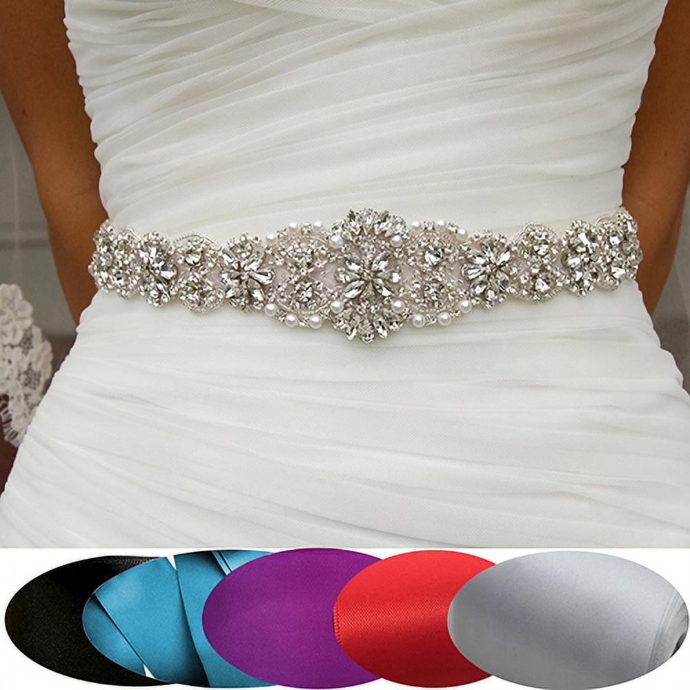 Shulemin Rhinestone Bridal Sash Waist Belt with Satin Ribbon for