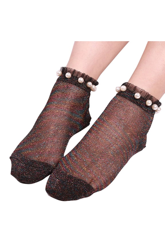 Women Faux Pearl Glitter Transparent Low Cut Elastic Short Ankle Socks