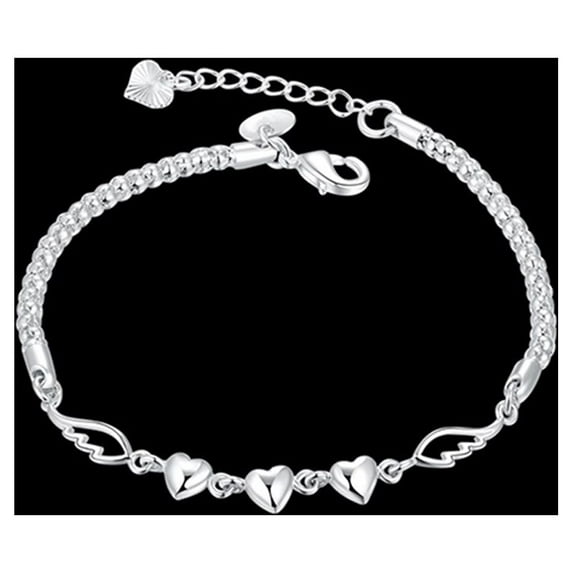 Shulemin Women's 925 Sterling Silver Charm Love Heart Wings Bracelet Cuff Bangle Jewelry