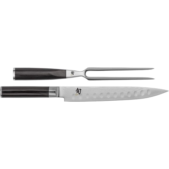 Shun Classic 2 Piece Carving Set, Includes 9" Classic Hollow Ground Slicing Knife and Carving Fork, Handcrafted Japanese Set, VG-MAX Core with Damascus Stainless Steel Cladding, Pakkawood Handle
