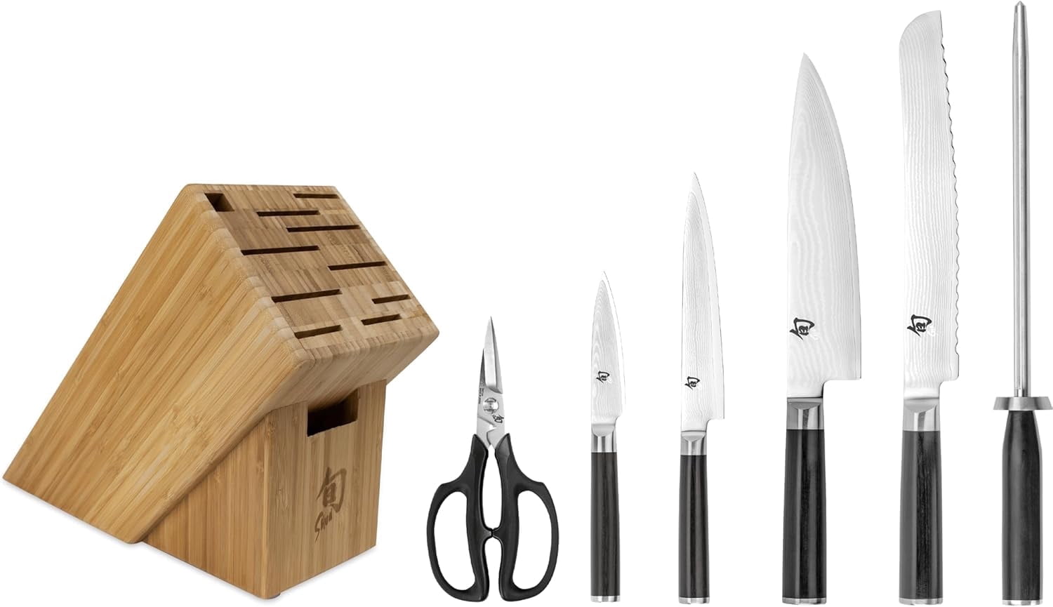 Shun Classic 7-Piece Essential Block Set, Includes 8-Inch Chef Knife, 3.5-Inch Paring Knife, 6-Inch Utility Knife, 9-Inch Bread Knife and Herb Shears, Pakkawood Handles"