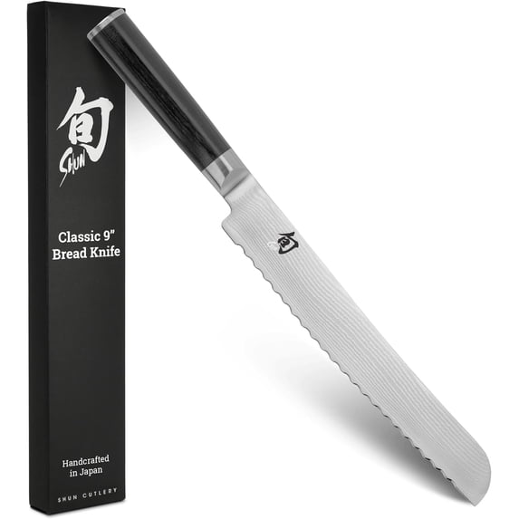 Shun Classic 9" Bread Knife, VG-MAX Core with Damascus Stainless Steel Cladding, Pakkawood Handle, Serrated Bread Knife