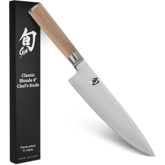 Shun Classic Blonde 8" Chef’s Knife, VG-MAX Core with Damascus Stainless Steel Cladding, Pakkawood Handle, Japanese Chef Knife