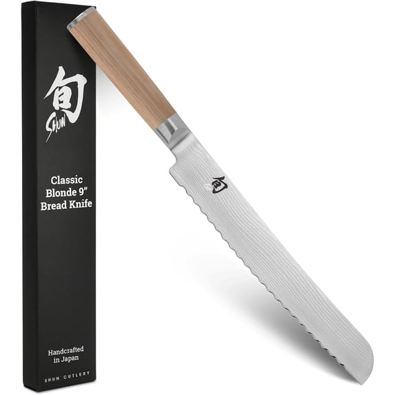 Shun Classic Blonde 9" Bread Knife, VG-MAX Core with Damascus Stainless Steel Cladding, Pakkawood Handle, Serrated Bread Knife