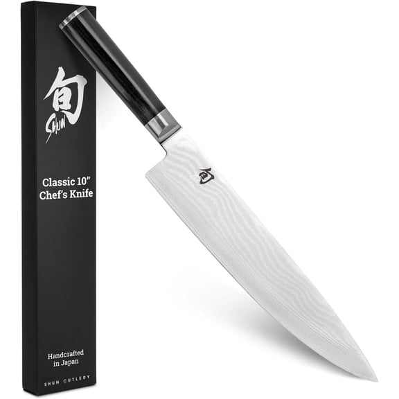 Shun Classic 10-Inch Chefs Knife, Kitchen Knife, VG-MAX Steel Core, Damascus-Clad Stainless Steel, Pakkawood Handle