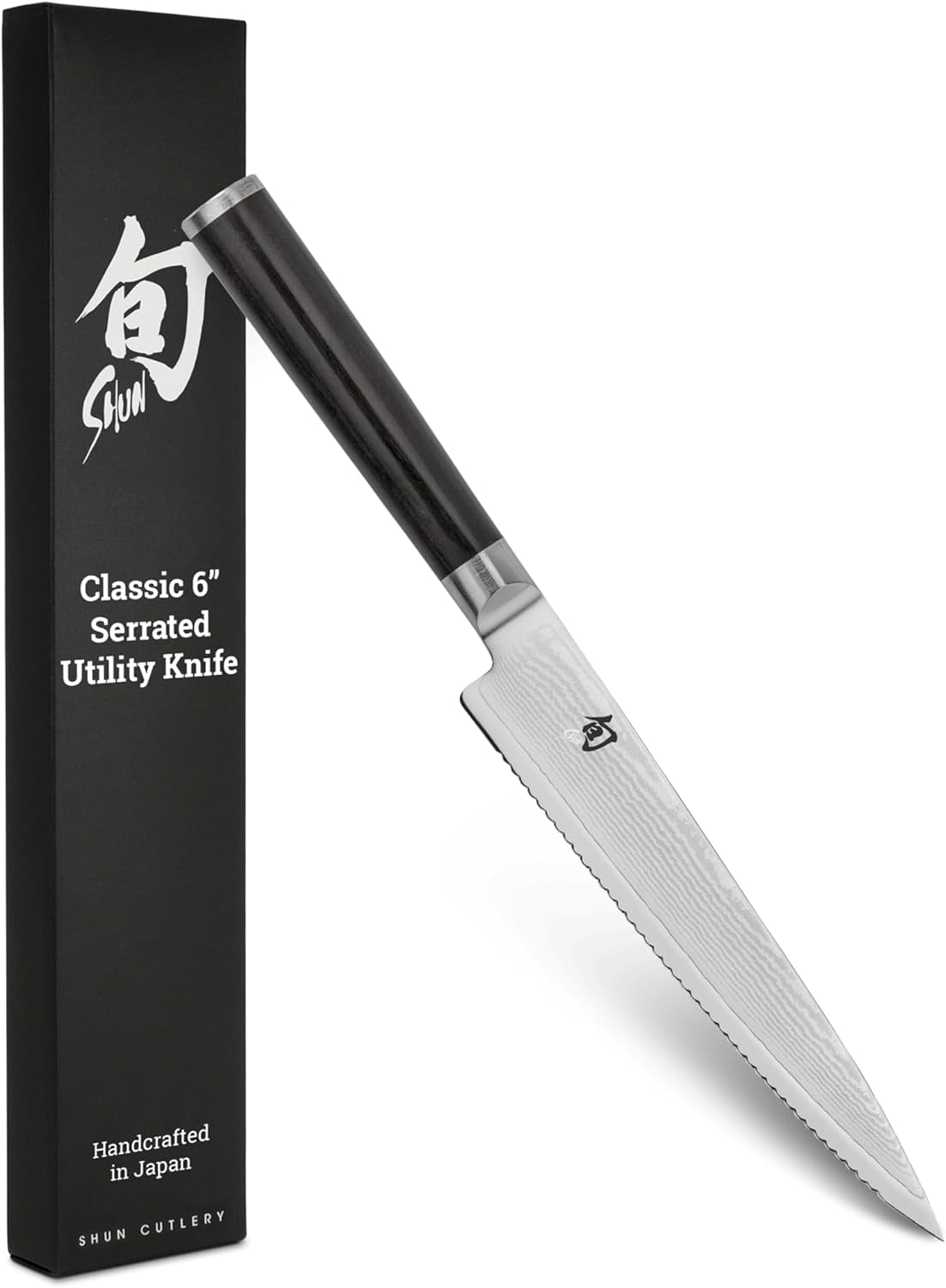 Shun Classic 6-Inch Serrated Utility Knife, VG-MAX Core with Damascus Stainless Steel Cladding, Pakkawood Handle