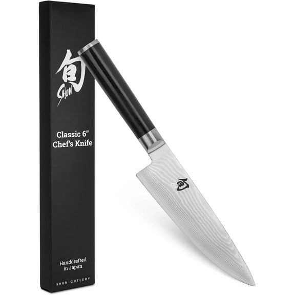 Shun Classic 6-Inch Chefs Knife, Japanese Kitchen Knife, VG-MAX Core with Damascus Stainless Steel Cladding, Pakkawood Handle