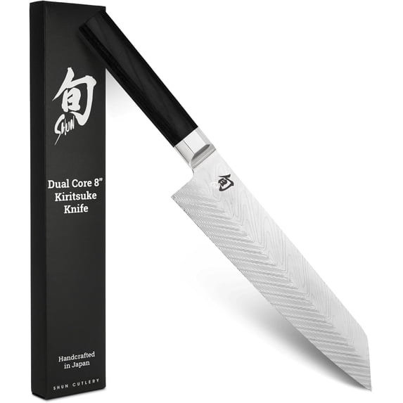 Shun Dual Core 8" Kiritsuke Knife, Handcrafted Japanese Kitchen Knife for Professional and Home Chefs, VG10 and VG2 Damascus Steel Blade, Pakkawood Handle