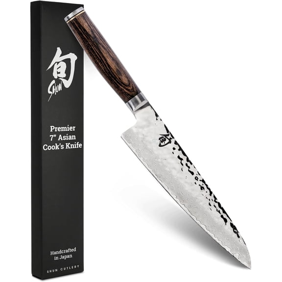 Shun Premier 7" Asian Cooks Knife, Handcrafted Japanese Kitchen Knife, VG-MAX Core with Damascus Stainless Steel Cladding, Pakkawood Handle, Gyuto-Style Tool for Professional and Home Chefs