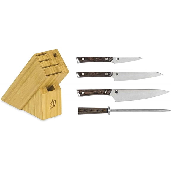 Shun Cutlery Kanso 5-Piece Starter Block Set, Kitchen Knife and Knife Block Set, Includes Kanso 8 Chef, 6 Utility & 3.5 Paring Knives, Handcrafted Japanese Kitchen Knives