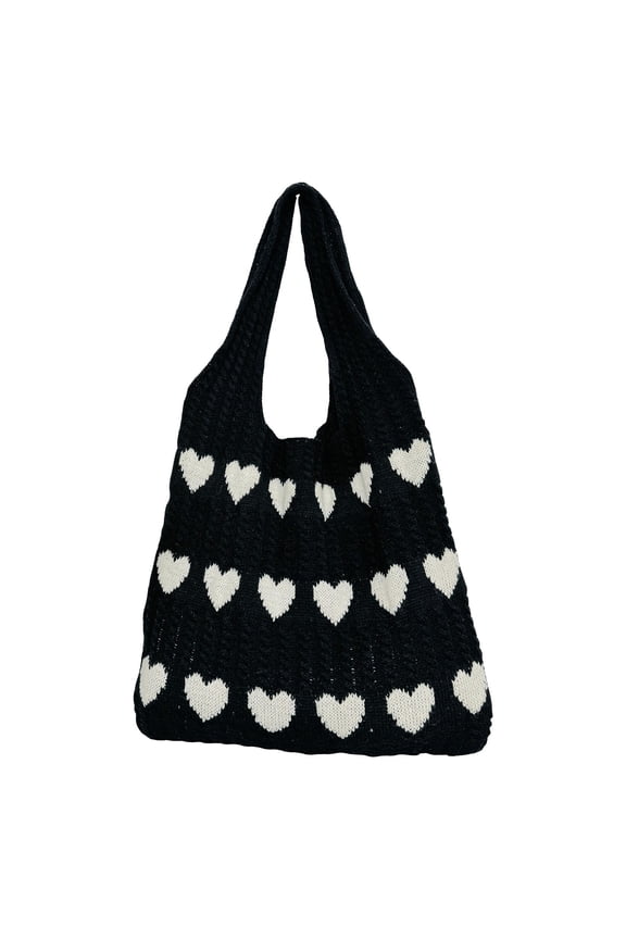 Women Knit Tote Bag Heart Pattern Hollow out Large Capacity Shoulder Handbag for Beach Shopping Daily Travel
