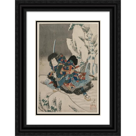 Shunbaisai Hokuei 17x24 Black Ornate Framed Double Matted Museum Art Print Titled: Nakamura Utaemon IV as a Warrior Standing in the Snow (C. 1835)