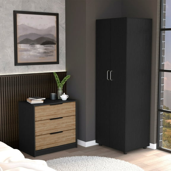 Shunda K 2 Piece Bedroom Set, London Armoire + Egeo 3 Drawers Dresser, Black / Pine