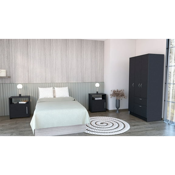 Shunda K 3 Piece Bedroom Set, Cartagena Armoire + 2 Omaha Nightstands, Black