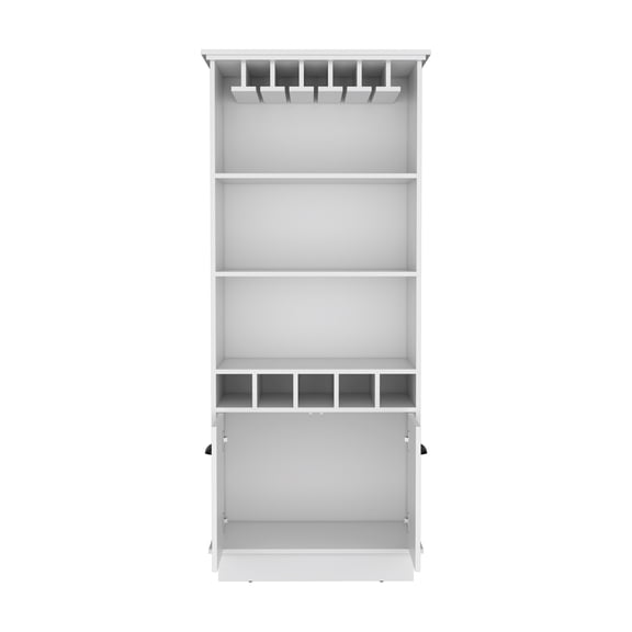 Shunda K 70"H Bar Cabinet with Wine Rack, Upper Glass Cabinet, three Open Storage Shelves and One Cabinet,White