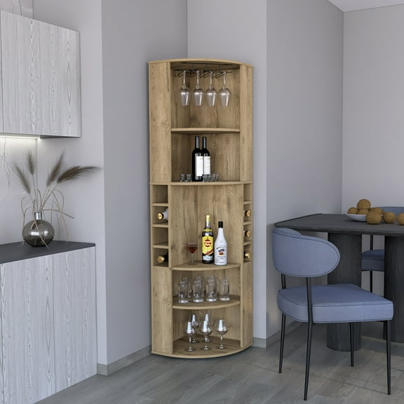 Shunda K 71" Corner Bar Cabinet with Five Shelves, Eight Bottle Cubbies and Stemware,Nature