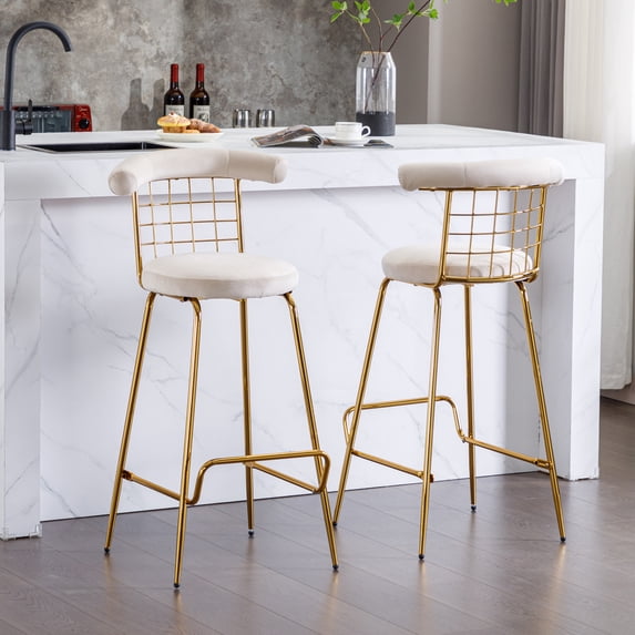 Shunda K Bar Stool Set of 2, Luxury Velvet High Bar Stool with Metal Legs and Soft Back, Pub Stool Chairs Armless Modern Kitchen High Dining Chairs with Metal Legs