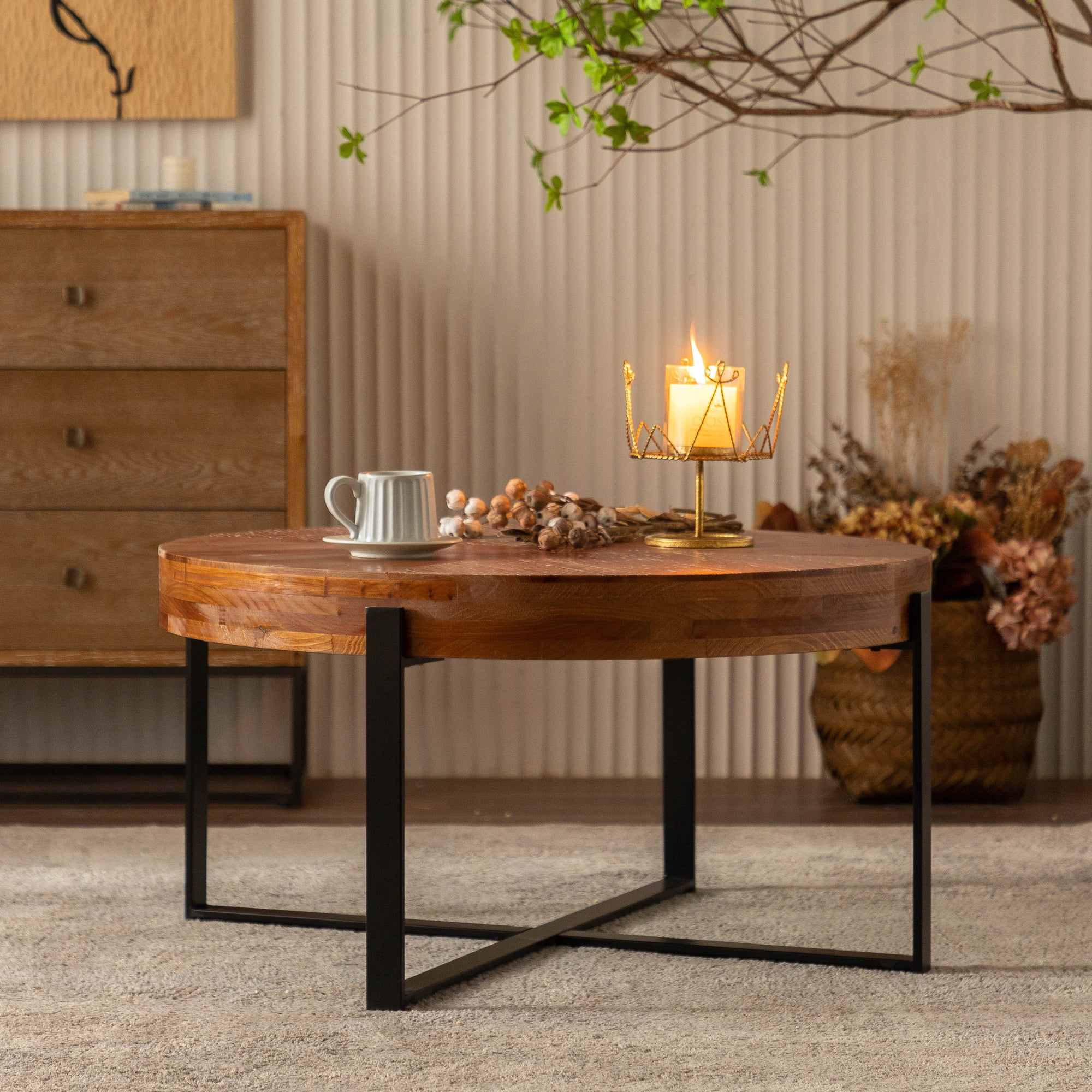 Shunda K Modern Round Wood Coffee Table with Metal Legs, Brown/Black