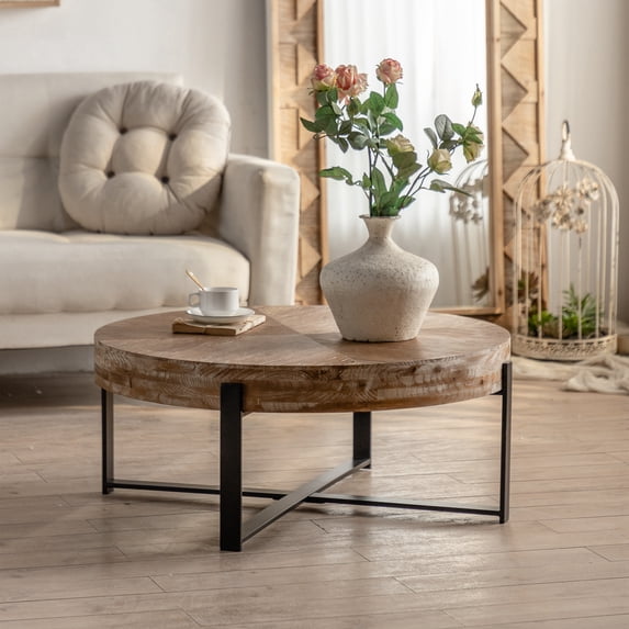 Shunda K Storage Round Medium Density Fiberboard Coffee Table, Natural