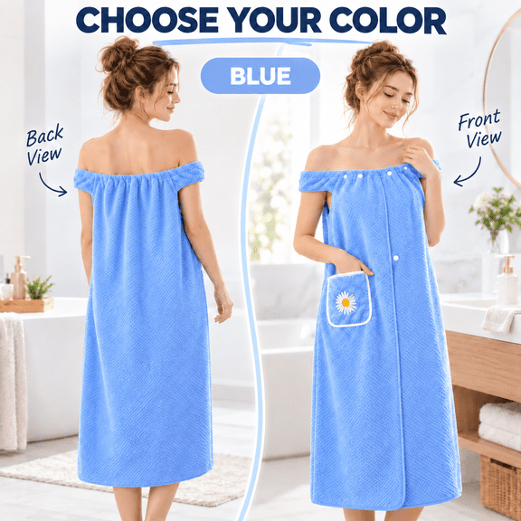ShundaCat Women's Bath Towel Wrap with Pocket, Coral Fleece, Blue