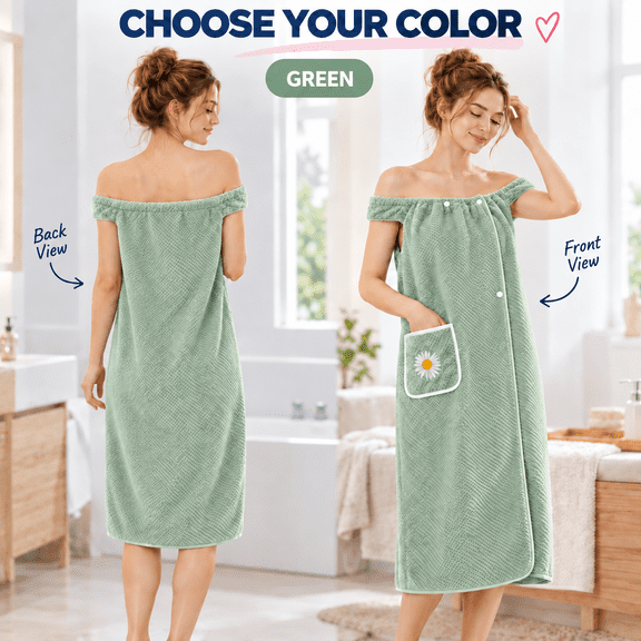 ShundaCat Women's Wearable Bath Towel Wrap with Snap Closure and Pocket, Soft Coral Fleece, Green