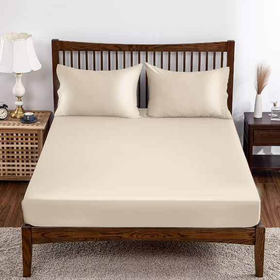 Shunjie.Home 100% Bamboo Fitted Sheet Only Full Size, 400 Thread Count, 16" Deep, Super Soft, Beige