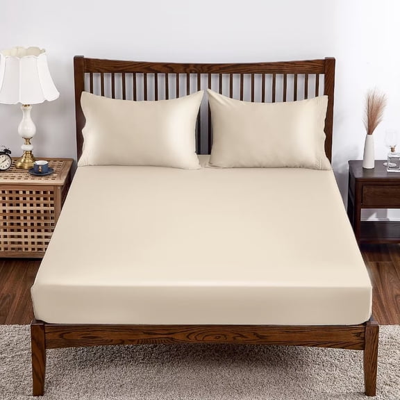 Shunjie.Home 100% Bamboo Fitted Sheet Only Twin Size, 400 Thread Count, 16" Deep, Super Soft, Beige