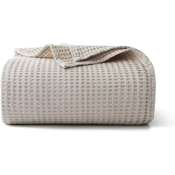 Shunjie.Home 100% Cotton Waffle Bed Blanket King Size, Throw Blanket for Couch All Seasons (Beige, 104x90)