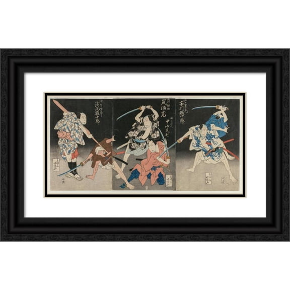 Shunjosai Hokuchō 24x14 Black Ornate Framed Double Matted Museum Art Print Titled: Asao Gakujuro as the Boatman Sanjuro, Nakayama Bunshichi as Hayashi Sanzemon, Arashi Rikan II as