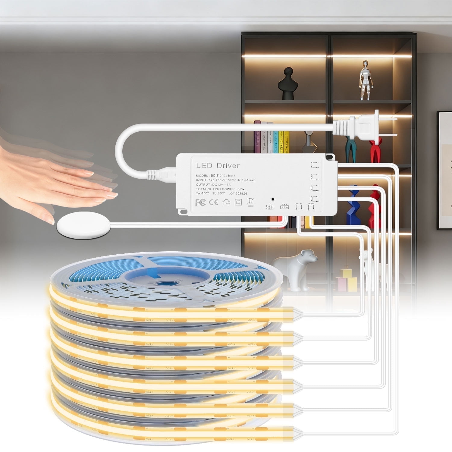 Shunlee 6.56ft COB LED Strip Light, 6 Rolls of 3000K Flexible COB LED for Acoustic Panel and Wood Slat Wall Panels Parallel with Dimmable Touch Sensor Switch, Cuttable for Wood Slat Lighting, Shelf