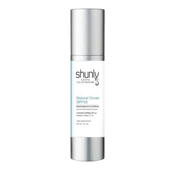 Shunly Broad Spectrum UV Protection Natural Cover SPF50 1.8oz with tinted lightweight coverage.
