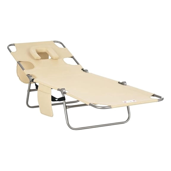 Shunshen Chaise Lounge Chair Outdoor with Face Arm Hole, 5-Position Reclining Face Down Tanning Chair with Carry Strap, Side Pocket, Portable Folding Bed Cot for Patio Beach Pool, Beige