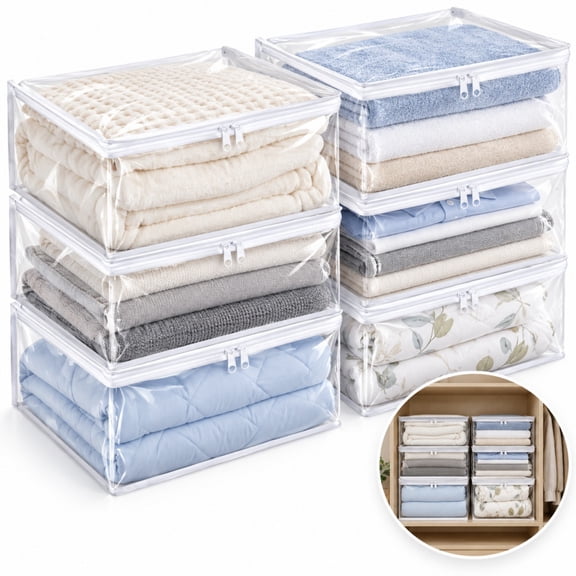 Shunshunfu 6Pcs Storage Bags with Easy-Glide Zipper, Vinyl Clothes Organizer, Zippered Bedding Storage Pouches, Tear Resistant Plastic Container for Sweaters, Blankets & Sheet Arrangement, Clear