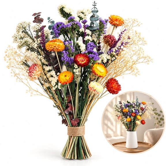 Shunshunfu Natural Dried Flower Bouquet, 17 inch Preserved Wildflower Bundle, Rustic Dry Floral Arrangement, Real Botanical Material for Boho Home Fall Wedding Table Decor, Multicolor